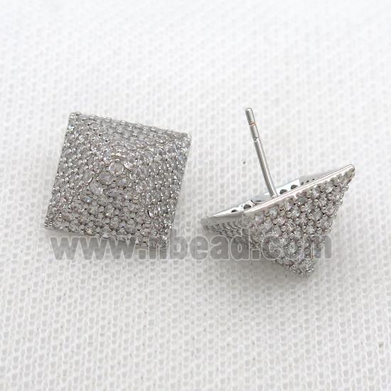 Copper Pyramid Stud Earring Pave Zircon Platinum Plated