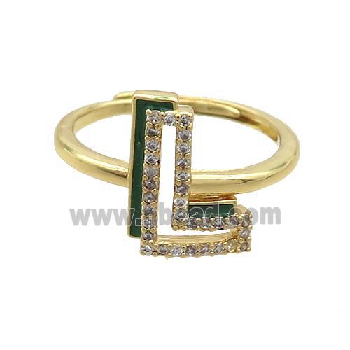 Copper Ring Pave Zircon L-Letter Adjustable Enamel Gold Plated