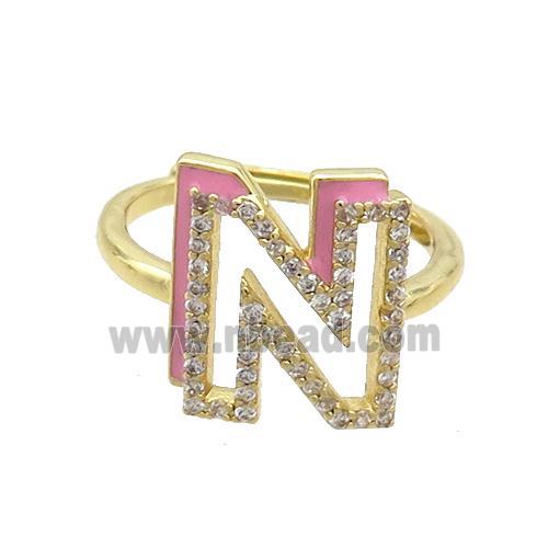 Copper Ring Pave Zircon N-Letter Adjustable Enamel Gold Plated
