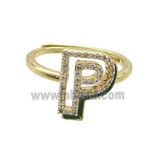 Copper Ring Pave Zircon P-Letter Adjustable Enamel Gold Plated