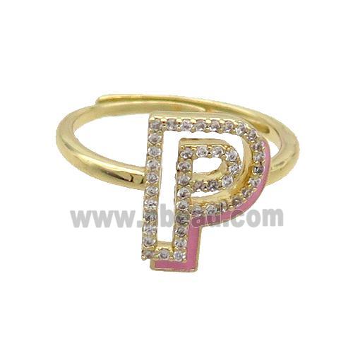 Copper Ring Pave Zircon P-Letter Adjustable Enamel Gold Plated