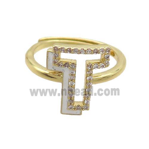 Copper Ring Pave Zircon T-Letter Adjustable Enamel Gold Plated