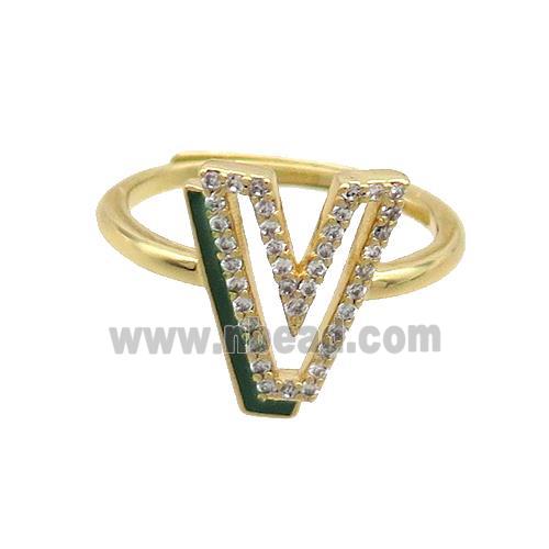 Copper Ring Pave Zircon V-Letter Adjustable Enamel Gold Plated