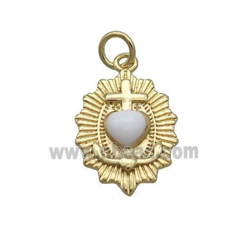 Copper Sacred Heart Of Jesus Charms Pendant White Enamel Religious Gold Plated