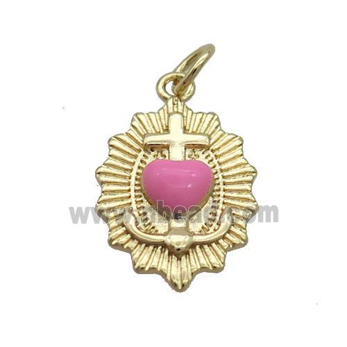 Copper Sacred Heart Of Jesus Charms Pendant Pink Enamel Religious Gold Plated