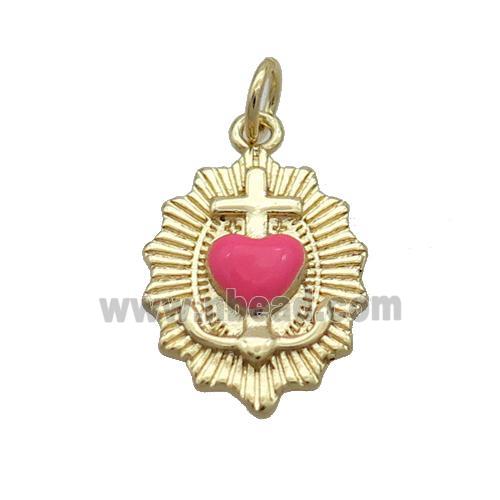 Copper Sacred Heart Of Jesus Charms Pendant Hotpink Enamel Religious Gold Plated
