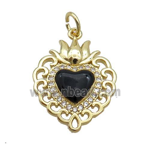 Copper Heart Pendant Pave Zircon Black Enamel Gold Plated