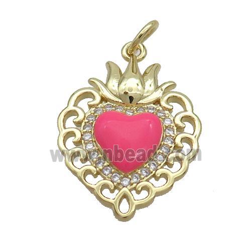 Copper Heart Pendant Pave Zircon Red Enamel Gold Plated