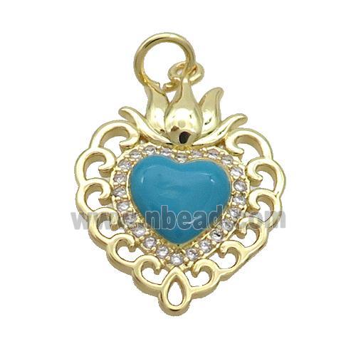 Copper Heart Pendant Pave Zircon Teal Enamel Gold Plated