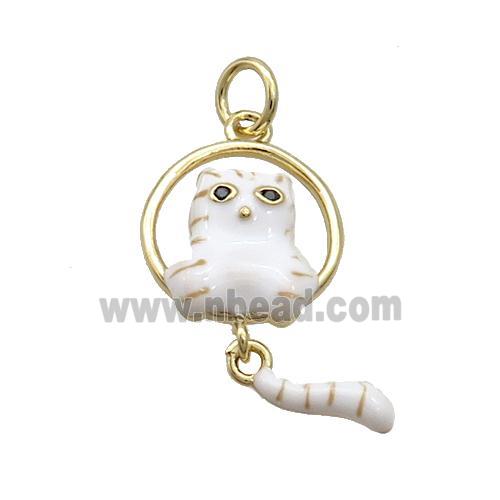 Copper Cat Charms Pendant White Enamel Gold Plated