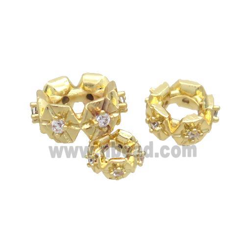 Copper Rondelle Beads Pave Zircon Large Hole Gold Plated