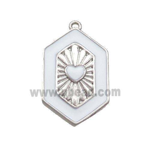 Copper Hexagon Pendant White Enamel Heart Platinum Plated