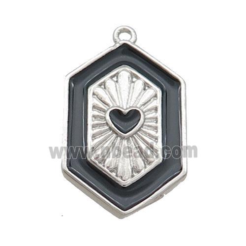 Copper Hexagon Pendant Black Enamel Heart Platinum Plated