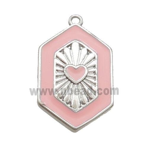 Copper Hexagon Pendant Pink Enamel Heart Platinum Plated