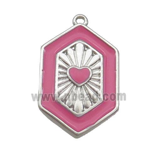 Copper Hexagon Pendant Pink Enamel Heart Platinum Plated