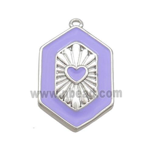 Copper Hexagon Pendant Lavender Enamel Heart Platinum Plated