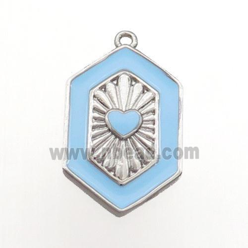 Copper Hexagon Pendant Blue Enamel Heart Platinum Plated