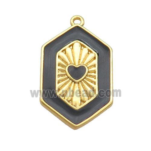 Copper Hexagon Pendant Black Enamel Heart Gold Plated