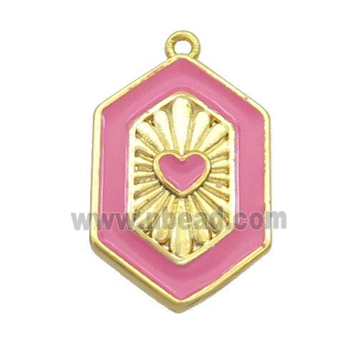 Copper Hexagon Pendant Pink Enamel Heart Gold Plated