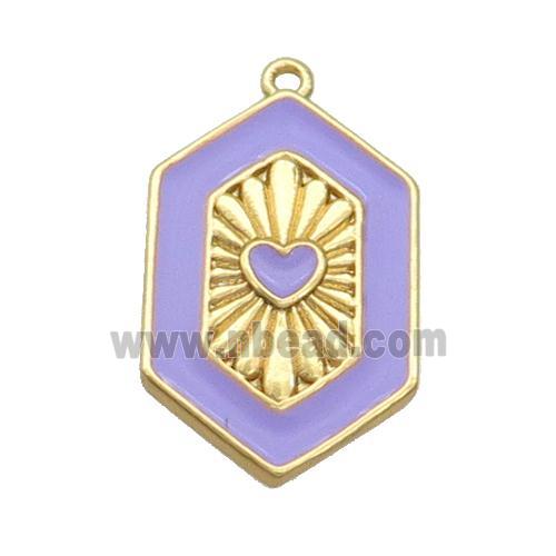 Copper Hexagon Pendant Lavender Enamel Heart Gold Plated