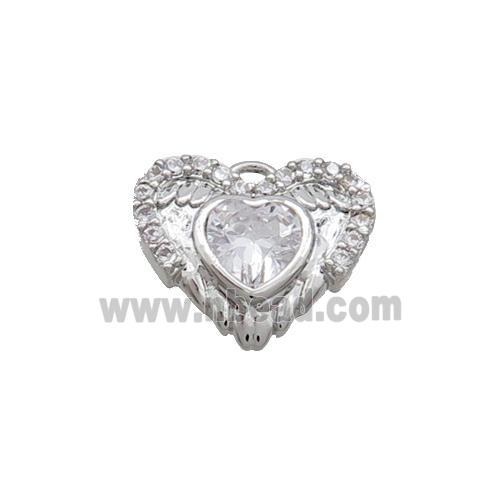 Copper Heart Pendant Pave Zircon Angel Wing Platinum Plated