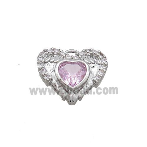Copper Heart Pendant Pave Zircon Angel Wing Platinum Plated