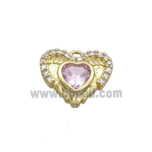 Copper Heart Pendant Pave Zircon Angel Wing Gold Plated