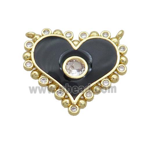 Copper Heart Pendant Pave Zircon Black Enamel 2loops Gold Plated