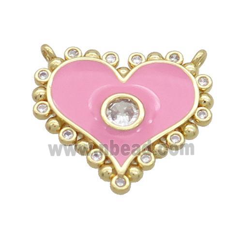 Copper Heart Pendant Pave Zircon Pink Enamel 2loops Gold Plated