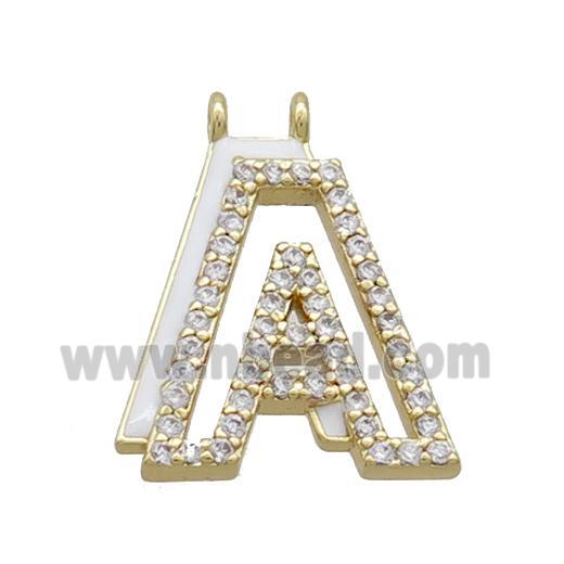Copper Pendant Pave Zircon White Enamel Letter-A 2loops Alphabet Gold Plated