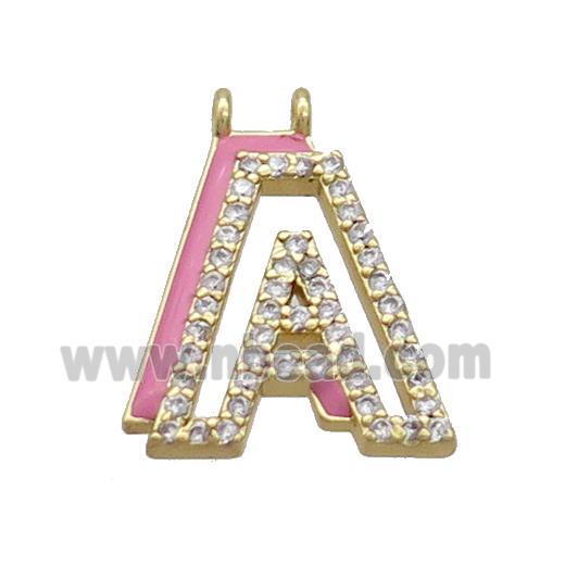 Copper Pendant Pave Zircon Pink Enamel Letter-A 2loops Gold Plated