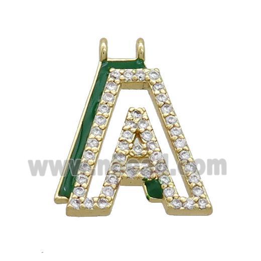 Copper Pendant Pave Zircon Green Enamel Letter-A 2loops Gold Plated