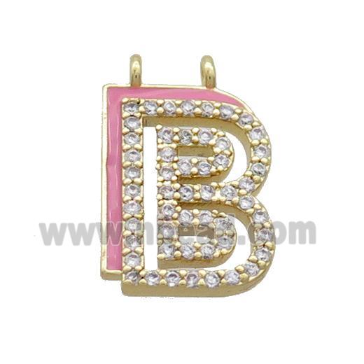 Copper Pendant Pave Zircon Pink Enamel Letter-B 2loops Gold Plated