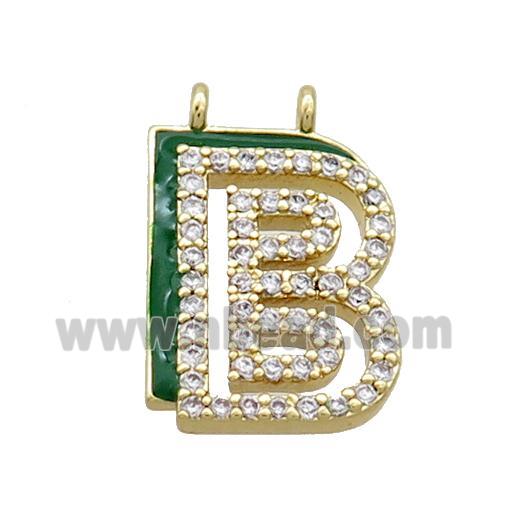 Copper Pendant Pave Zircon Green Enamel Letter-B 2loops Gold Plated