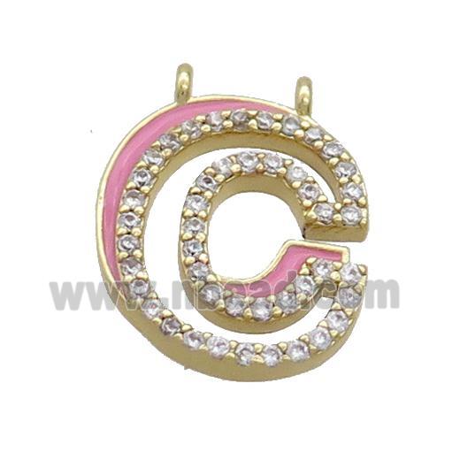 Copper Pendant Pave Zircon Pink Enamel Letter-C 2loops Gold Plated