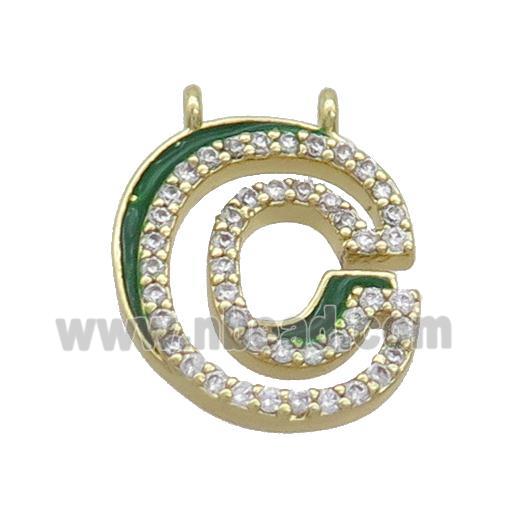 Copper Pendant Pave Zircon Green Enamel Letter-C 2loops Gold Plated