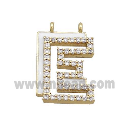 Copper Pendant Pave Zircon White Enamel Letter-E 2loops Gold Plated
