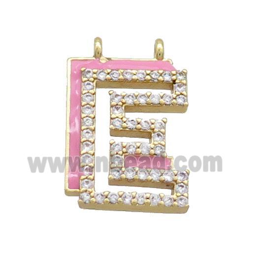 Copper Pendant Pave Zircon Pink Enamel Letter-E 2loops Gold Plated