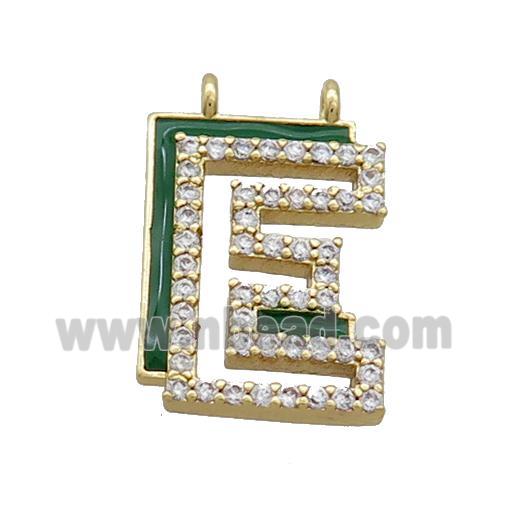 Copper Pendant Pave Zircon Green Enamel Letter-E 2loops Gold Plated