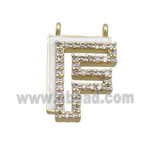 Copper Pendant Pave Zircon White Enamel Letter-F 2loops Gold Plated