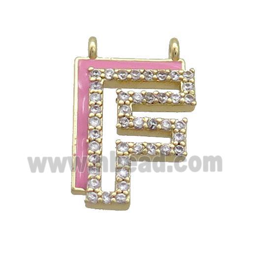 Copper Pendant Pave Zircon Pink Enamel Letter-F 2loops Gold Plated
