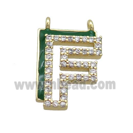 Copper Pendant Pave Zircon Green Enamel Letter-F 2loops Gold Plated