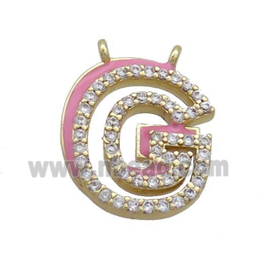 Copper Pendant Pave Zircon Pink Enamel Letter-G 2loops Gold Plated