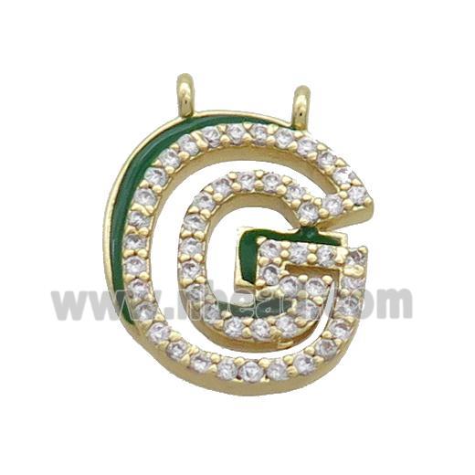 Copper Pendant Pave Zircon Green Enamel Letter-G 2loops Gold Plated
