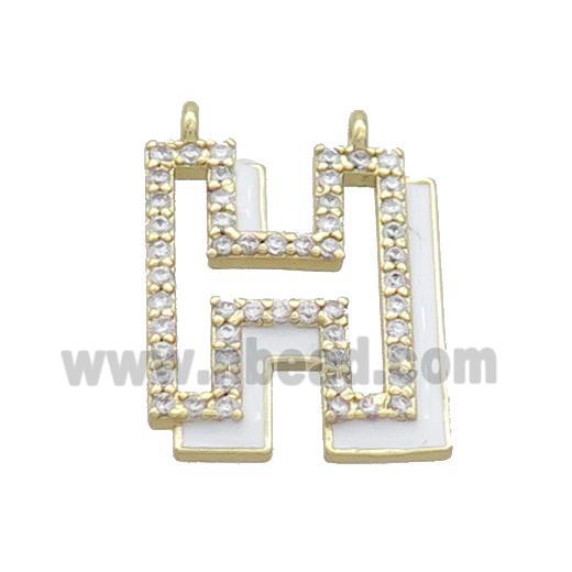 Copper Pendant Pave Zircon White Enamel Letter-H 2loops Gold Plated