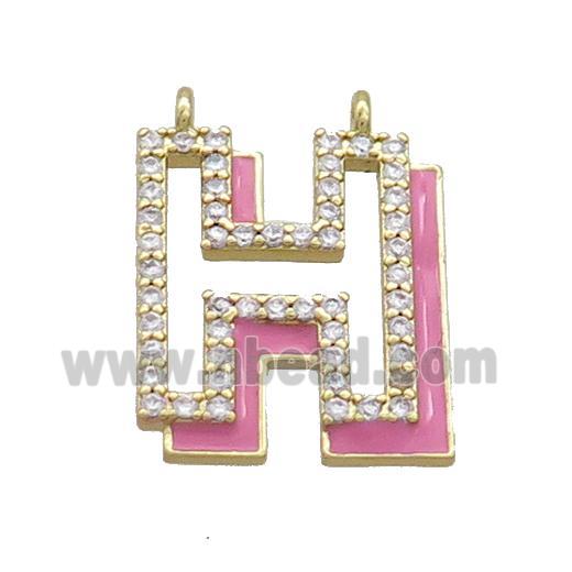 Copper Pendant Pave Zircon Pink Enamel Letter-H 2loops Gold Plated