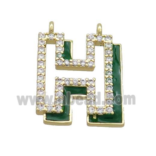 Copper Pendant Pave Zircon Green Enamel Letter-H 2loops Gold Plated