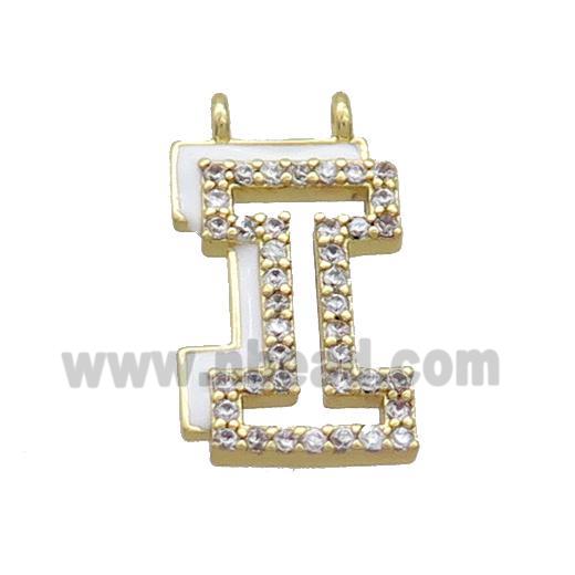 Copper Pendant Pave Zircon White Enamel Letter-I 2loops Gold Plated
