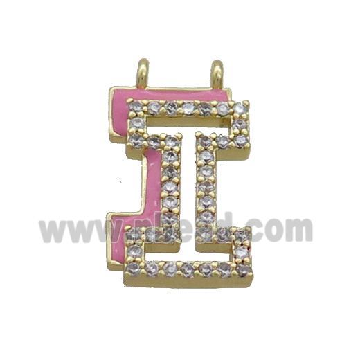 Copper Pendant Pave Zircon Pink Enamel Letter-I 2loops Gold Plated