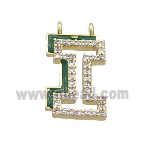 Copper Pendant Pave Zircon Green Enamel Letter-I 2loops Gold Plated